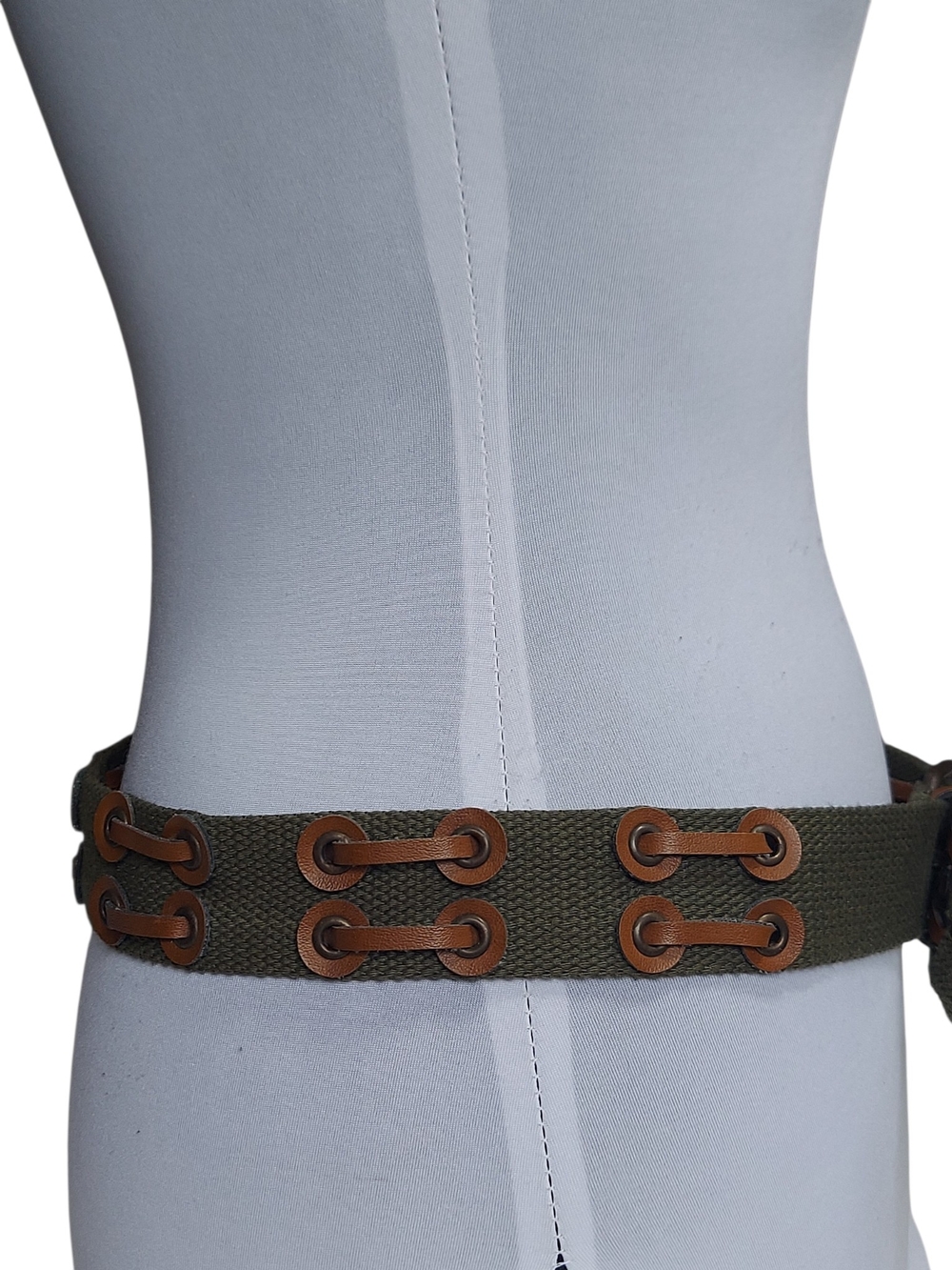 Military Inspired Olive Green Web Belt Brown Faux Leather Trim Adjustable - Picture 5 of 13